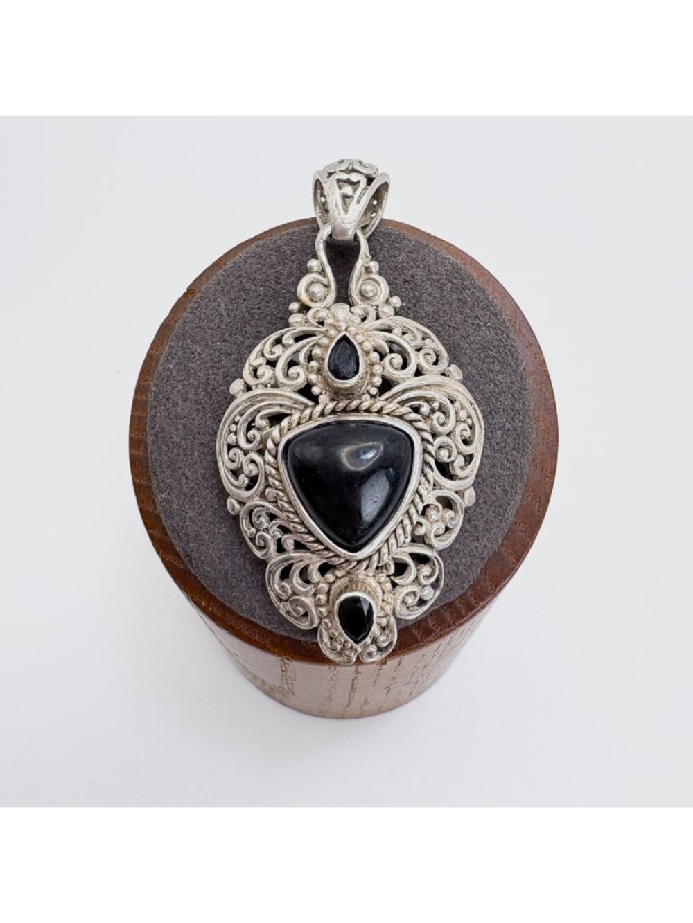 Black Onyx Sterling Silver 925 Bezel Set Scroll Pendant Size 2" Length